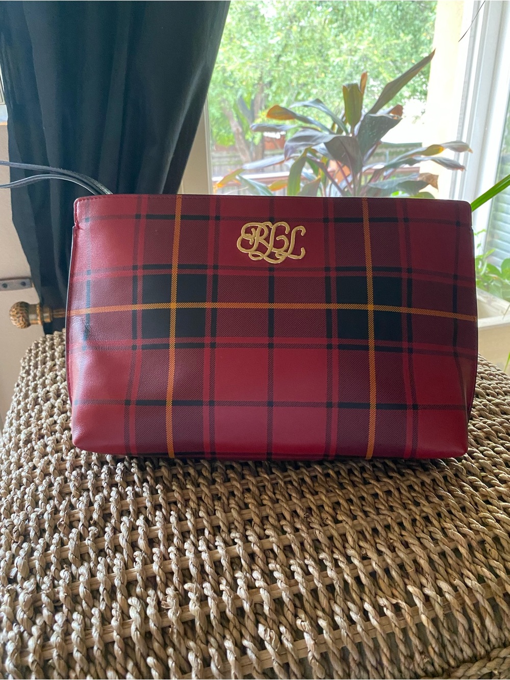 Lauren Ralph Lauren Red Tartan Plaid Wristlet Gold LRL Logo